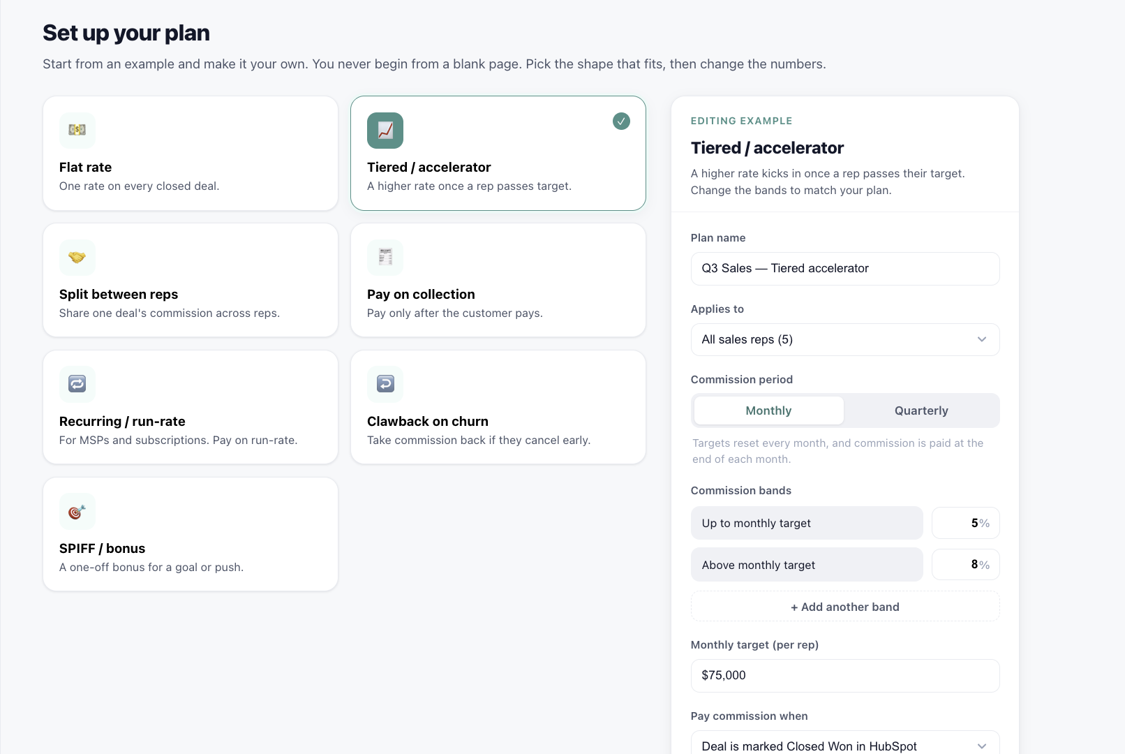 Provikka plan setup with example templates like tiered, split, and pay on collection